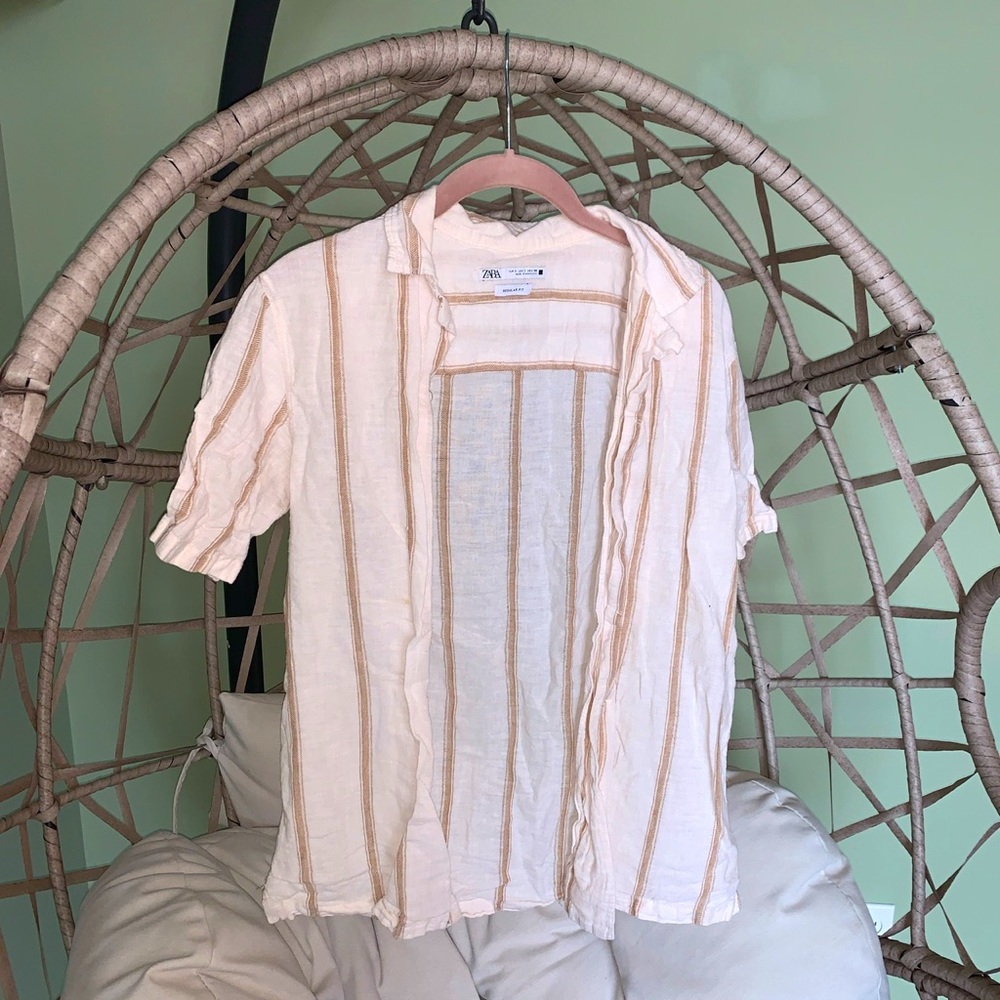 ZARA unisex regular fit short sleeve button down shirt striped button up linen